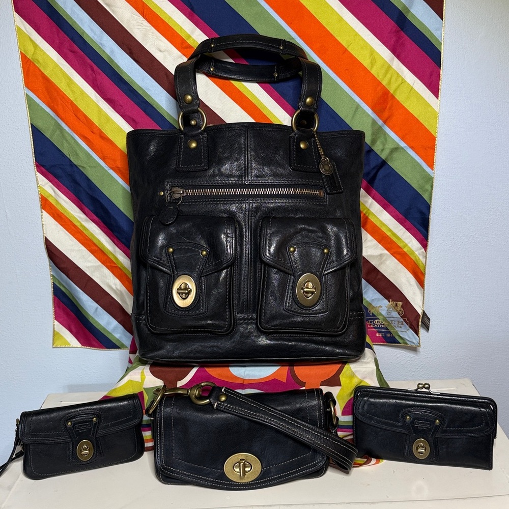Coach Legacy Black Vachetta Set - Gigi, Sm Flap, Wallet, Wristlet Striped Inter